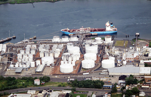 An oil tanker berthed at a oil terminal.