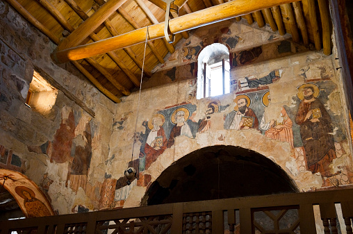 Frescoes on the chapel wall, dating from the 11th and 12th centuries, at Deir Mar Musa in Syria. Deir Mar Musa is a monastery established in the 6th century and dedicated to Saint Moses the Abyssinian.