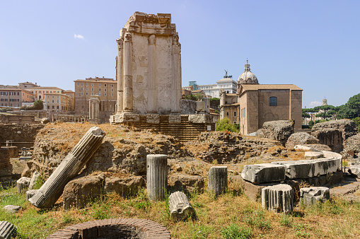 A beautiful late afternoon scene of Trajan's Forum, part of the Imperial Forums of Rome, in the historic heart of the Eternal City. In the background the baroque church of the Santissimo Nome di Maria al Foro and the Trajan Column, while in the foreground the remains of the majestic colonnade of the Basilica Ulpia, built in honor of the Emperor Trajan's family. The Roman Forum, one of the largest archaeological areas in the world, represented the political, legal, religious and economic center of the city of Rome, as well as the nerve center of the entire Roman civilization. In 1980 the historic center of Rome was declared a World Heritage Site by Unesco. Image in high definition quality.