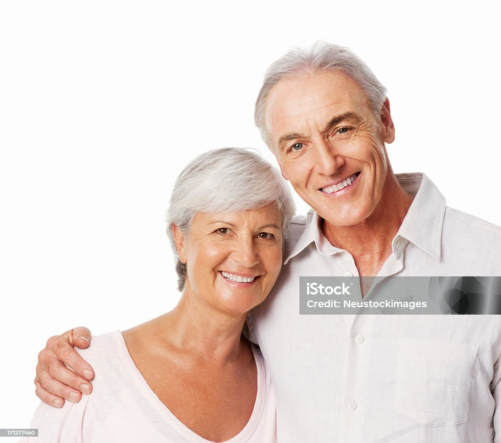 Feliz pareja aislado abrazar - Foto de stock de Pareja mayor libre de derechos