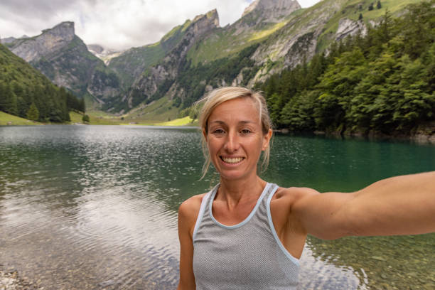 Scenic view of Seealpsee lake in Swiss Alps in summer