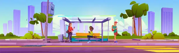 Vector illustration of Group of people at urban bus stop