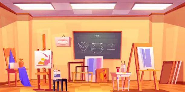 Vector illustration of Art classroom interior with painting equipment