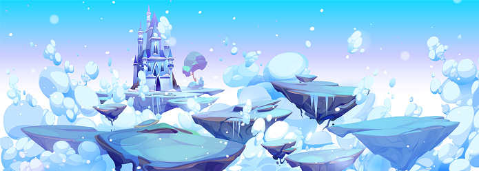 Frozen magic princess castle with snow in winter cartoon background. Beautiful white fantasy ice palace for cloudy fairytale landscape. Enchanted floating rock island path in sky air with nobody.