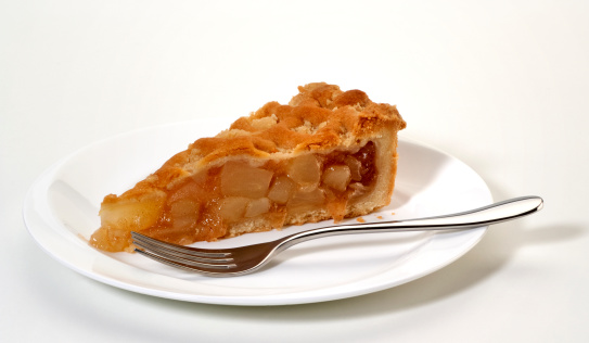 A slice of apple pie on a plate with a fork