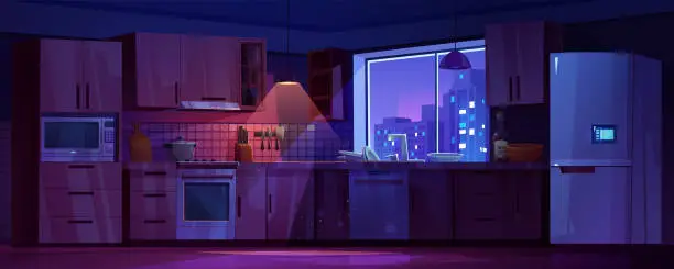 Vector illustration of Kitchen interior, house room with fridge at night