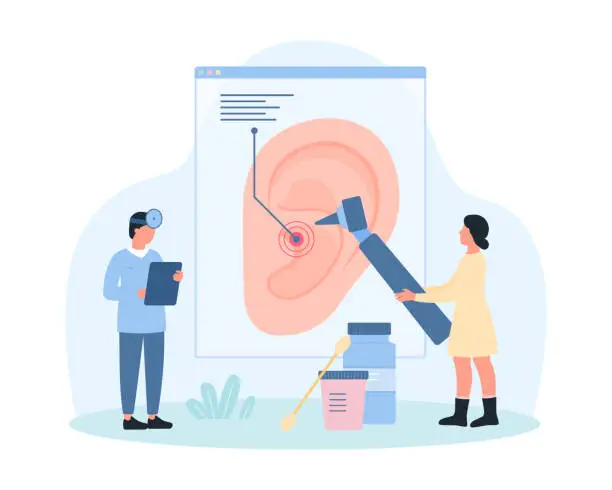 Vector illustration of Health of ear, audiology, otolaryngology, tiny otolaryngologists check ear with otoscope