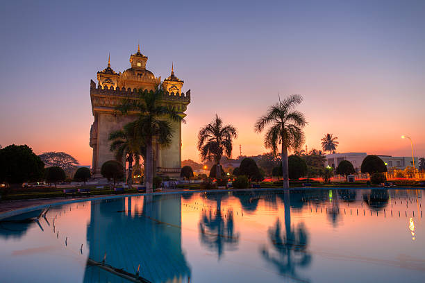 Patuxai in Vientiane, Laos In center Vientiane, the Patuxai is a monument in memory of the Lao soldiers who had died in wars. The monument is a mix of Lao and French architecture (Arc de Triomphe) laos photos stock pictures, royalty-free photos & images