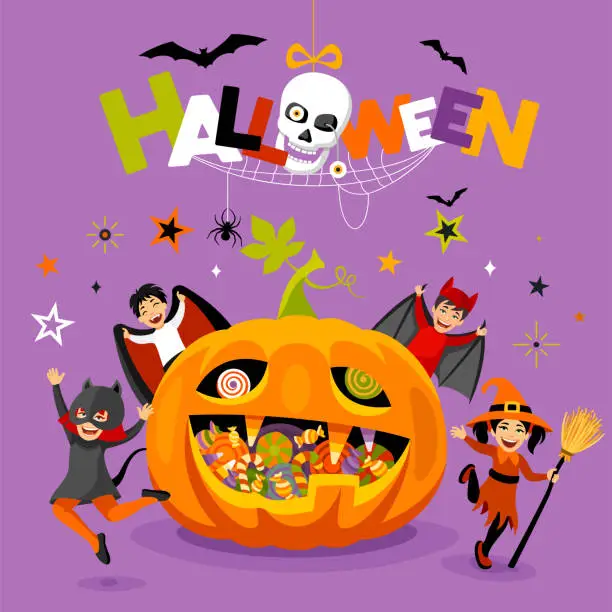 Vector illustration of Halloween party. October festival poster. Trick Or Treaters.