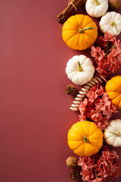 istock Autumn background with pumpkins, pine cones, flowers. Flat lay, top view. 1712799502