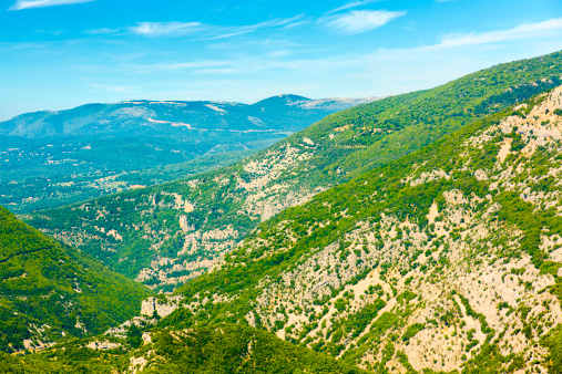 Summer mountain panorama with gorge and river (Uzice town outskirts, Serbia).