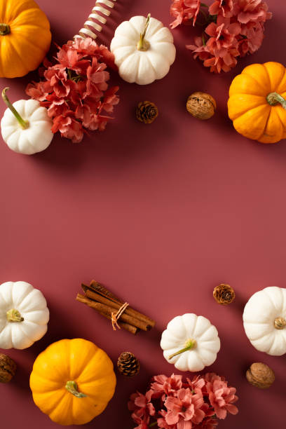 istock Autumn frame with pumpkins, flowers, fall decor on dark red background. Flat lay, top view. 1712802182