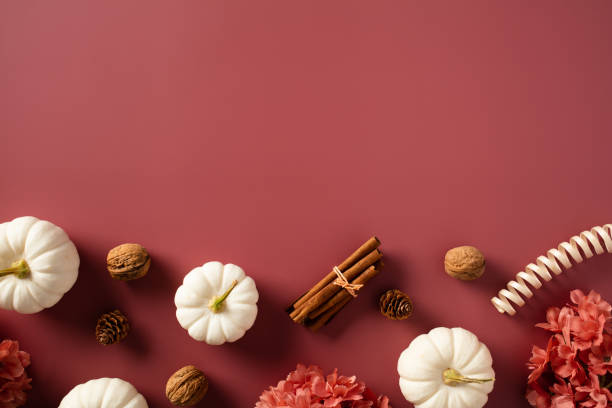 istock White decorative pumpkins, cinnamon sticks, fall decor, walnuts on dark red background. Happy Thanksgiving day banner design. 1712806032