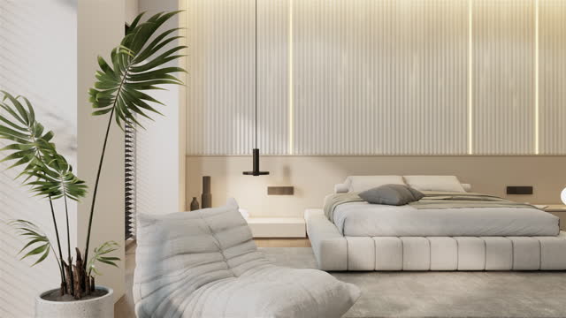 interior of modern white bedroom with furniture , pan left shot, video 4K 3840x2160, 3D animation bedroom design