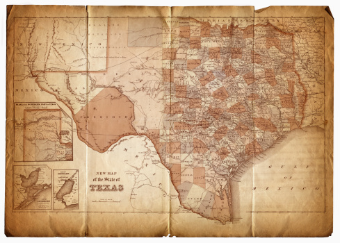 map of texas, 1865, composed with two vintage stained papers.