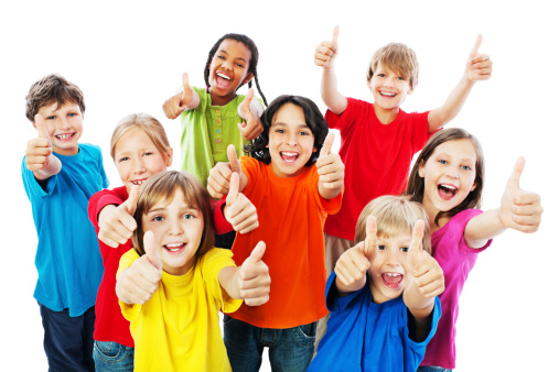 Group of children is looking at camera and showing ok sign. They are isolated on white.