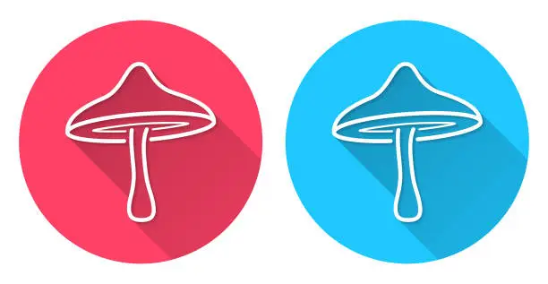 Vector illustration of Mushroom. Round icon with long shadow on red or blue background