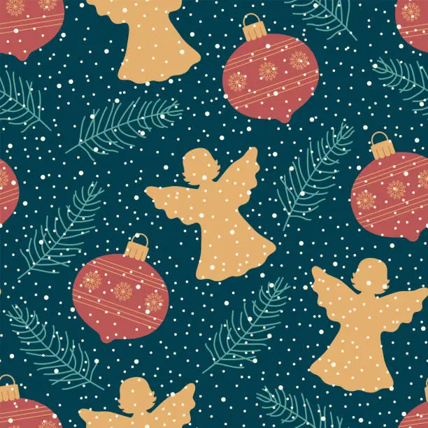 Vector illustration of Angels, Christmas tree and Christmas balls, snowflakes on a dark background. Winter vector illustration for wrapping paper, textile design.
