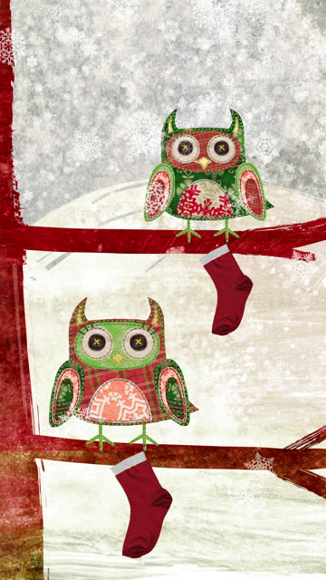Christmas Owls Waiting for Santa. Did they just see him in the sky? Vertical video.