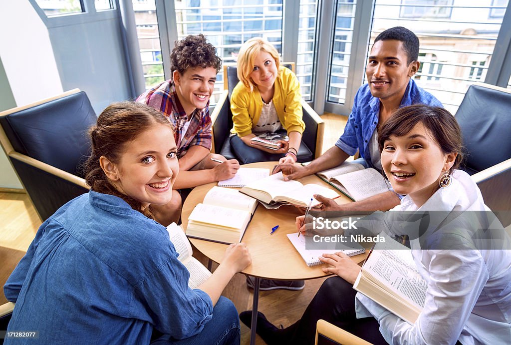 Young Students Working "Young Students Working in libraryselective focus, shallow depth of field" Germany Stock Photo