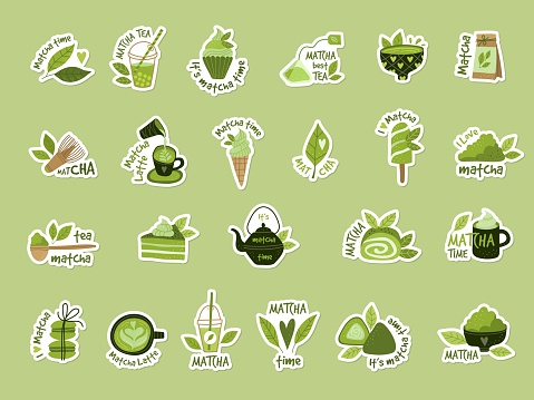 istock Matcha food. Sticky badges with pictures of asian matcha product beverage food recent vector cartoon illustrations of matcha food 1712830534