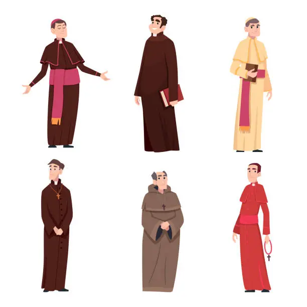 Vector illustration of Catholic church. Religion catholic person male and female characters pastor catholicism leader in authentic clothes exact vector cartoon people