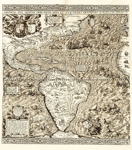 Old Spanish map of Western Hemisphere, circa 1562. Embellished by cartographer with various sea monsters and mythical figures.