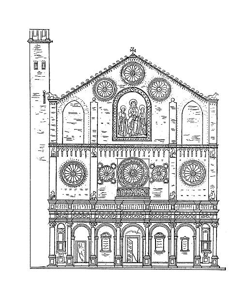сполето собор, italy/античный архитектурные иллюстрации - rose window window church cathedral stock illustrations