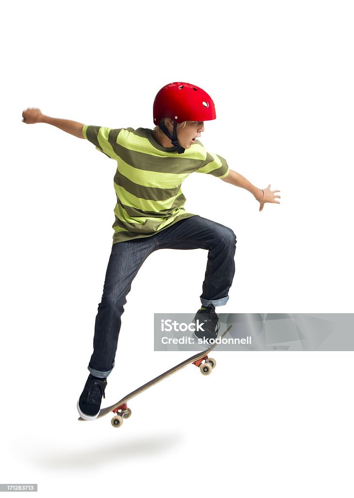 Boy Skateboarding sobre un fondo blanco - Foto de stock de Monopatín - Actividades recreativas libre de derechos