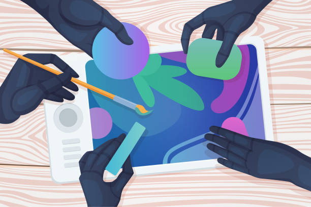 istock Artwork creation with AI, robot hands holding brush, chalk and eraser to draw on tablet 1712838901