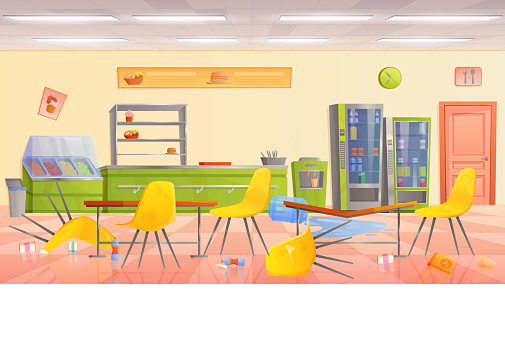 Mess in school canteen after lunch of children vector illustration. Cartoon empty cafeteria hall, messy lunchroom interior with dirty table and overturned chair, puddle of water and garbage on floor