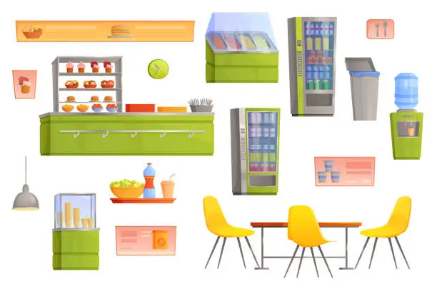 Vector illustration of School canteen, cafeteria or cafe interior set, campus buffet, counter with food