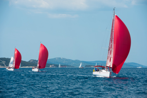 Sailboats with red genackers compeeting during regatta