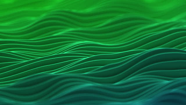 Seamless loop. Abstract lines motion, data flow chart. Futuristic technological green background, wave flowing pattern. 3d illustration