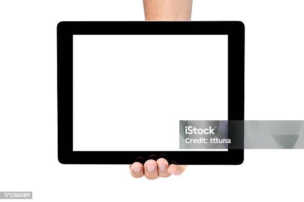 손으로 쥐다 디지털 태블릿 흰색 배경의 자르다 주시나요 태블릿에 대한 스톡 사진 및 기타 이미지 - 태블릿, 보여주기, 손 잡기