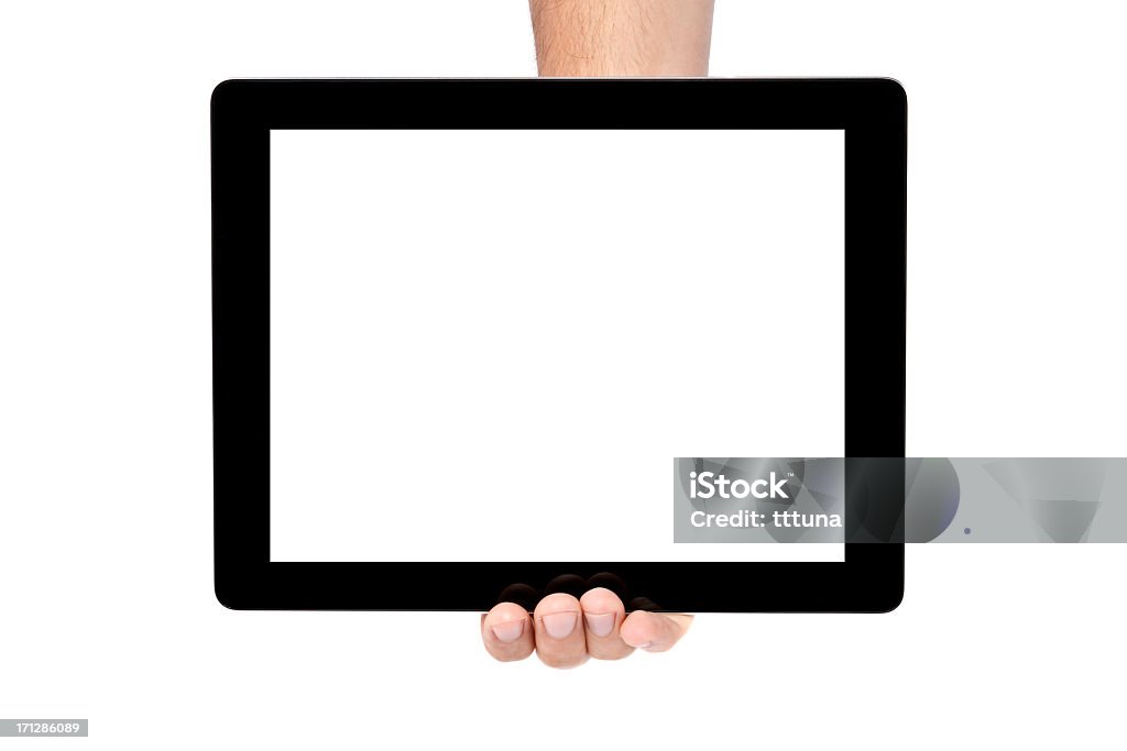 Mão segure tablet digital, cortado em fundo branco - Royalty-free Tablet digital Foto de stock