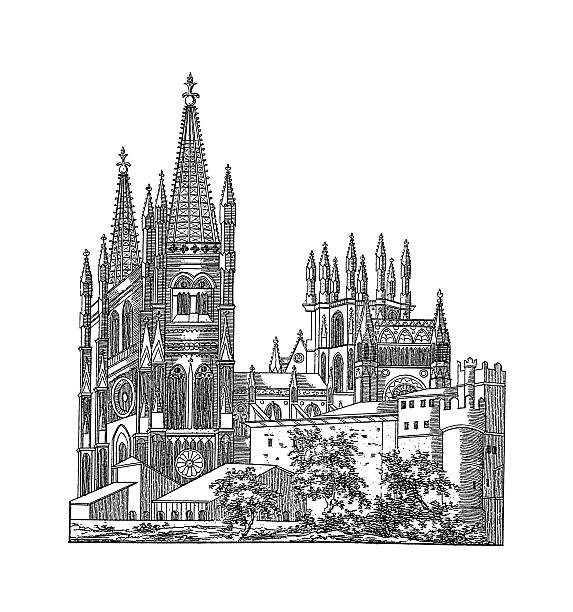 ilustraciones, imágenes clip art, dibujos animados e iconos de stock de burgos catedral, españa/ilustraciones de arquitectura antigua - window rose window gothic style architecture