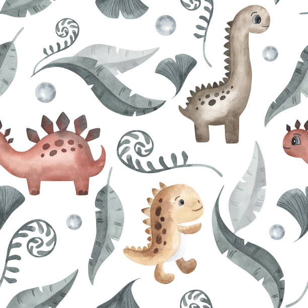 istock Cute little cartoon watercolor seamless pattern dinosaur - hand drawn illustration. Isolated on white. Nice character, leaves, texture. Sticker, textile, nursery design. 1712862231