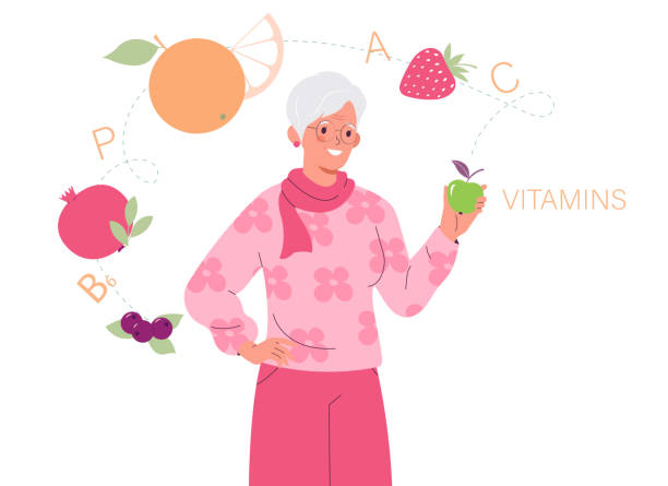 Happy elderly woman with an apple in her hand. Healthy lifestyle for old. Healthy nutrition for old people and active longevity concept. Happy elderly woman with an apple in her hand. Healthy lifestyle for old. Healthy nutrition for old people and active longevity concept. Vector mature woman healthy eating stock illustrations