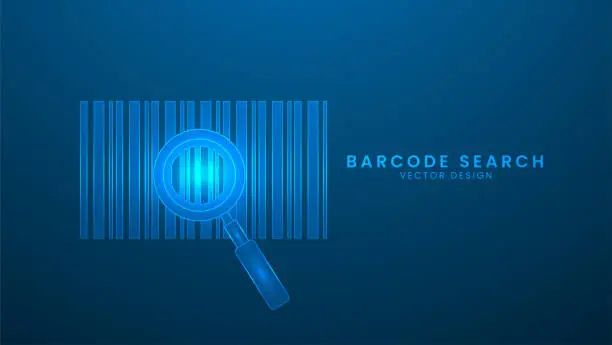 Vector illustration of Barcode search with a magnifying glass. Delivery tracking concept on blue background