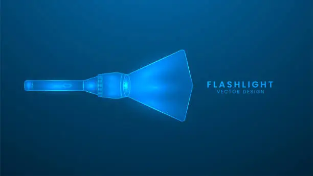 Vector illustration of Flashlight, electric lamp, battery powered on blue background