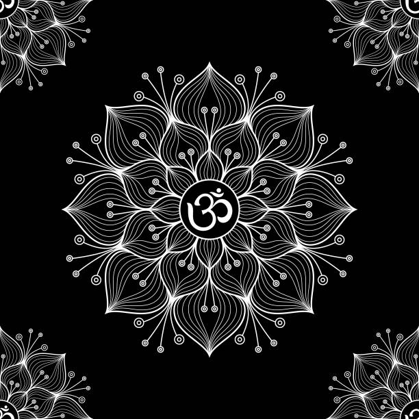 hindu-symbol om auf lotus-mandala-blume-vektor-illustration nahtloses muster - om symbol stock-grafiken, -clipart, -cartoons und -symbole