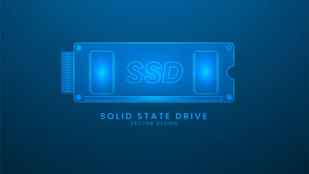 ilustrações, clipart, desenhos animados e ícones de memória do computador da unidade de estado sólido no fundo azul - hard drive storage compartment disk vector