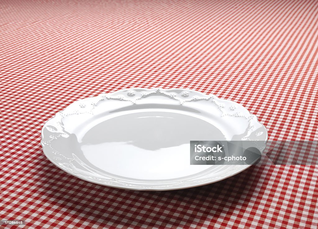 Empty Dish On The Checkered Tablecloth Plate Stock Photo