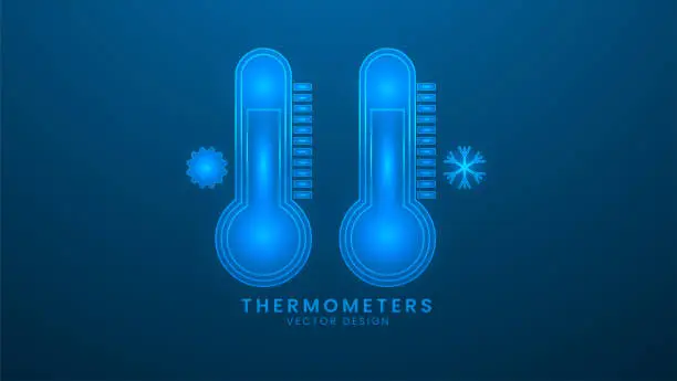 Vector illustration of Thermometers with heat and cold levels. Medical thermometer on blue background