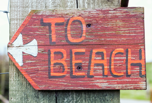 An old and weathered painted sign on a fencepost showing the way to the beach.