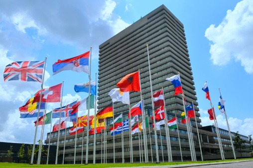 Flags of the 38 member states in front of the European Patent Office (EPO) near the city of The Hague in The Netherlands.