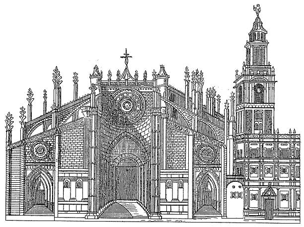 ilustraciones, imágenes clip art, dibujos animados e iconos de stock de catedral de sevilla, españa/antigüedades ilustraciones de edificios - window rose window gothic style architecture