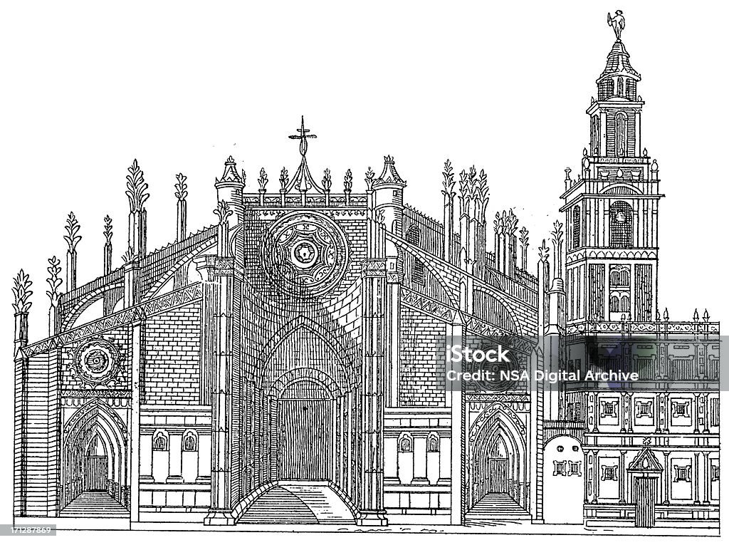 Cattedrale di Siviglia, Spagna/Antique illustrazioni architettonico - Illustrazione stock royalty-free di A forma di croce