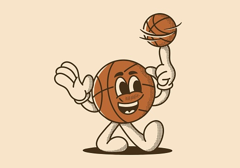 Mascot character illustration of walking basketball spin the ball, design in vintage style